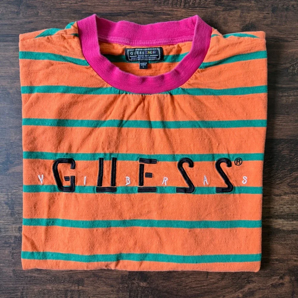 J. Balvin Vibras GUESS Orange‎ Green Stripe T Shirt Men's L Retro 2019 Reggaeton - Picture 11 of 11